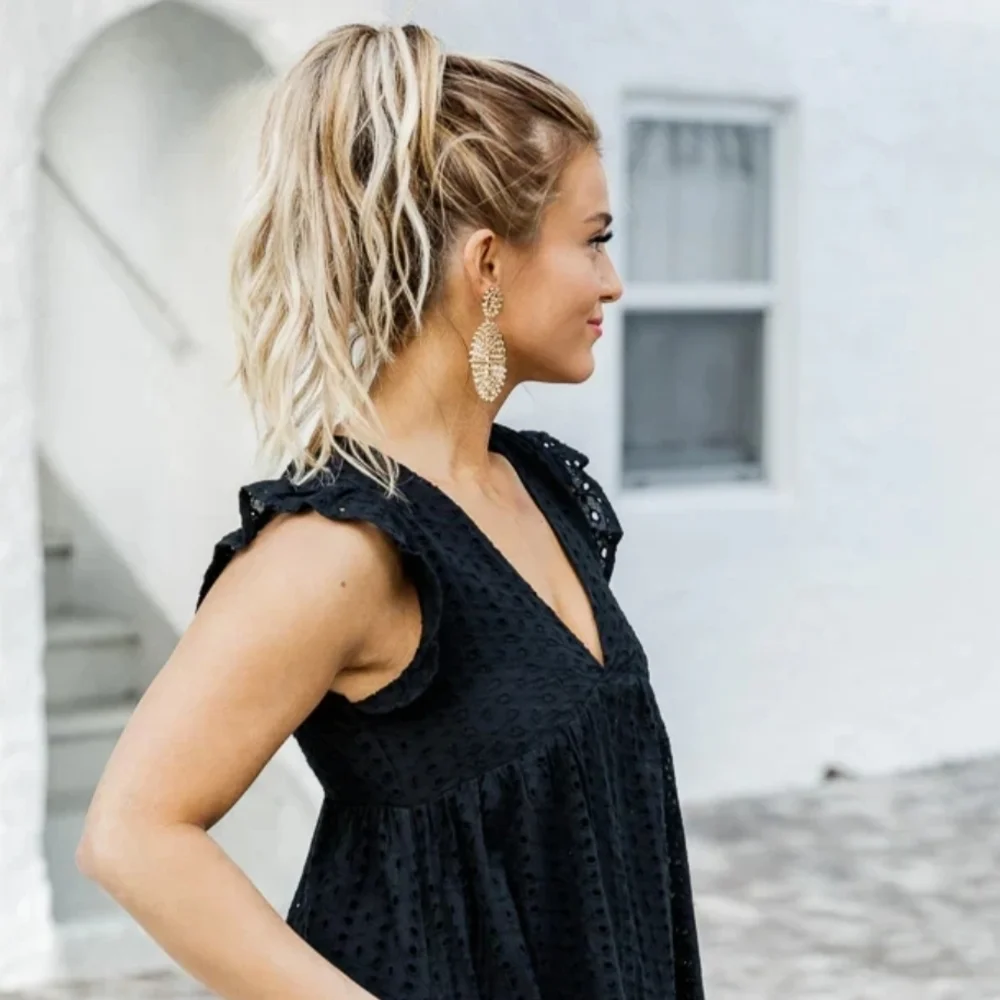 Impeccable Pig Black Eyelet Romper Mini Short Boho - Picture 2 of 10